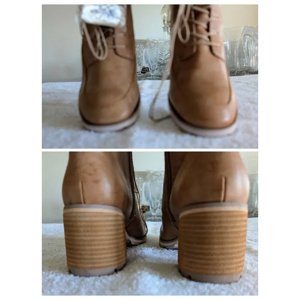 Korks Cambria Ankle Boots Brown Leather Lace Up Stacked Heel Lug Sole